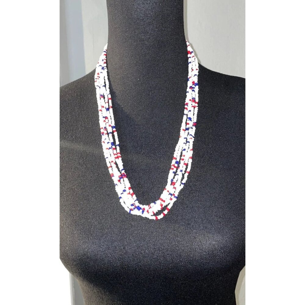 Vintage Red White & Blue Beaded Necklace 6 Strand 25” Long Statement Patriotic - Picture 1 of 10